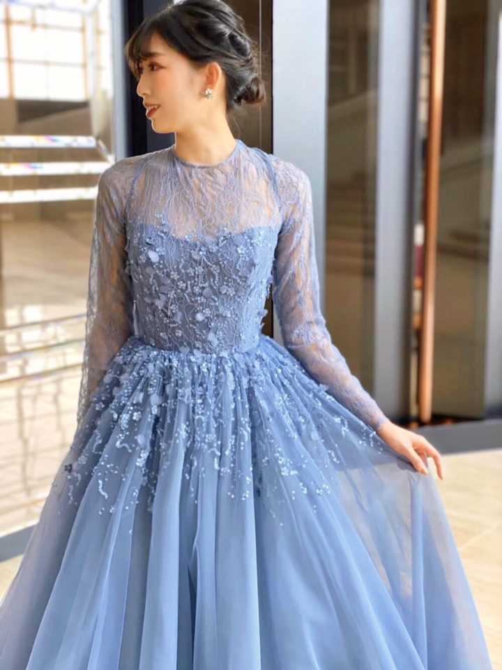 KENNETH POOL（ケネスプール）　ニュアンスカラードレス　ブルー　袖付きドレス